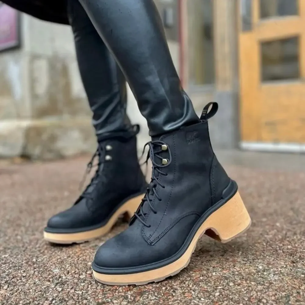 Sorel Hi-Line Heel Lace Boot Black Leather Lug Sole Block Heel Size 7.5 New NWOB